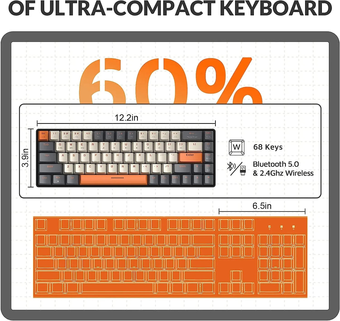 Wireless Mechanical Keyboard Bluetooth Dual Mode Hot-Swappable Mini 68-Key