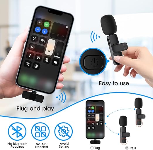 2 Pack Wireless Lavalier Microphone for iPhone iPad, Lapel Mics Plug-Play 2.4G - Delivery immediately