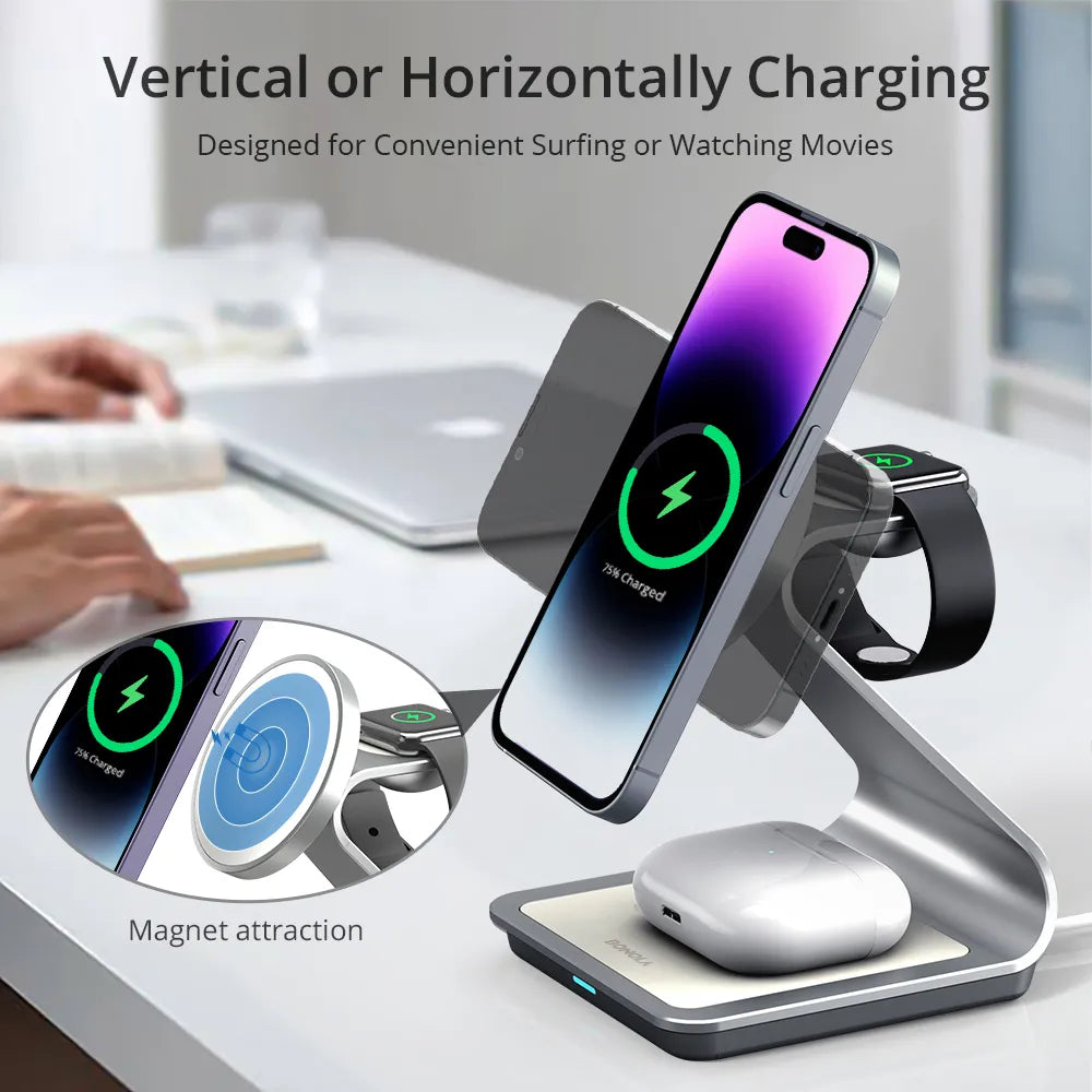 Bonola Magnetic 3 in 1 Wireless Charger for iPhone 13/14/15 Pro Max/12 30W