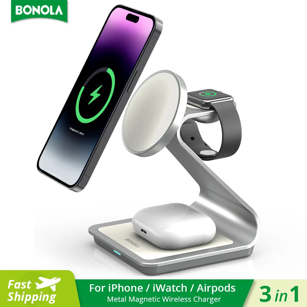 Bonola Magnetic 3 in 1 Wireless Charger for iPhone 13/14/15 Pro Max/12 30W