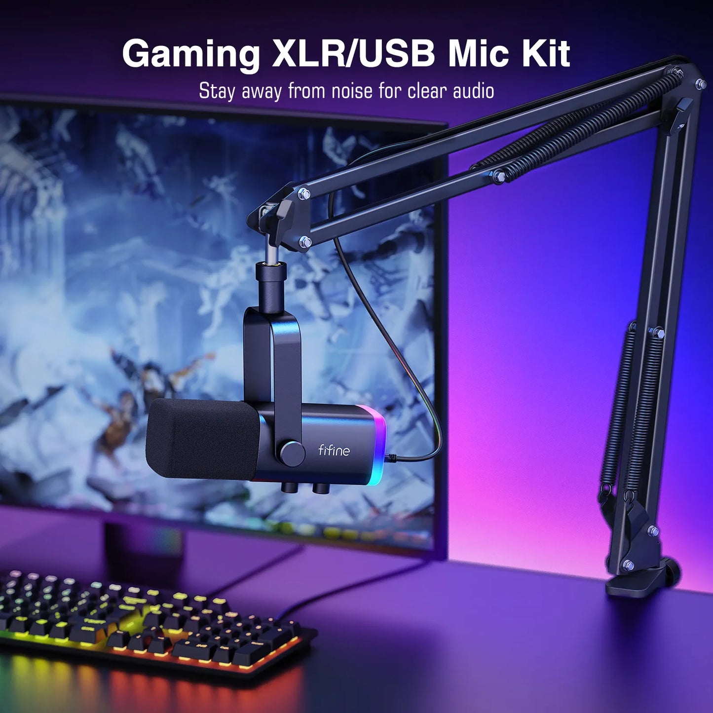 XLR/USB Gaming Microphone Kit with Headphone Jack/Mute/RGB /Arm Stand,Dynamic