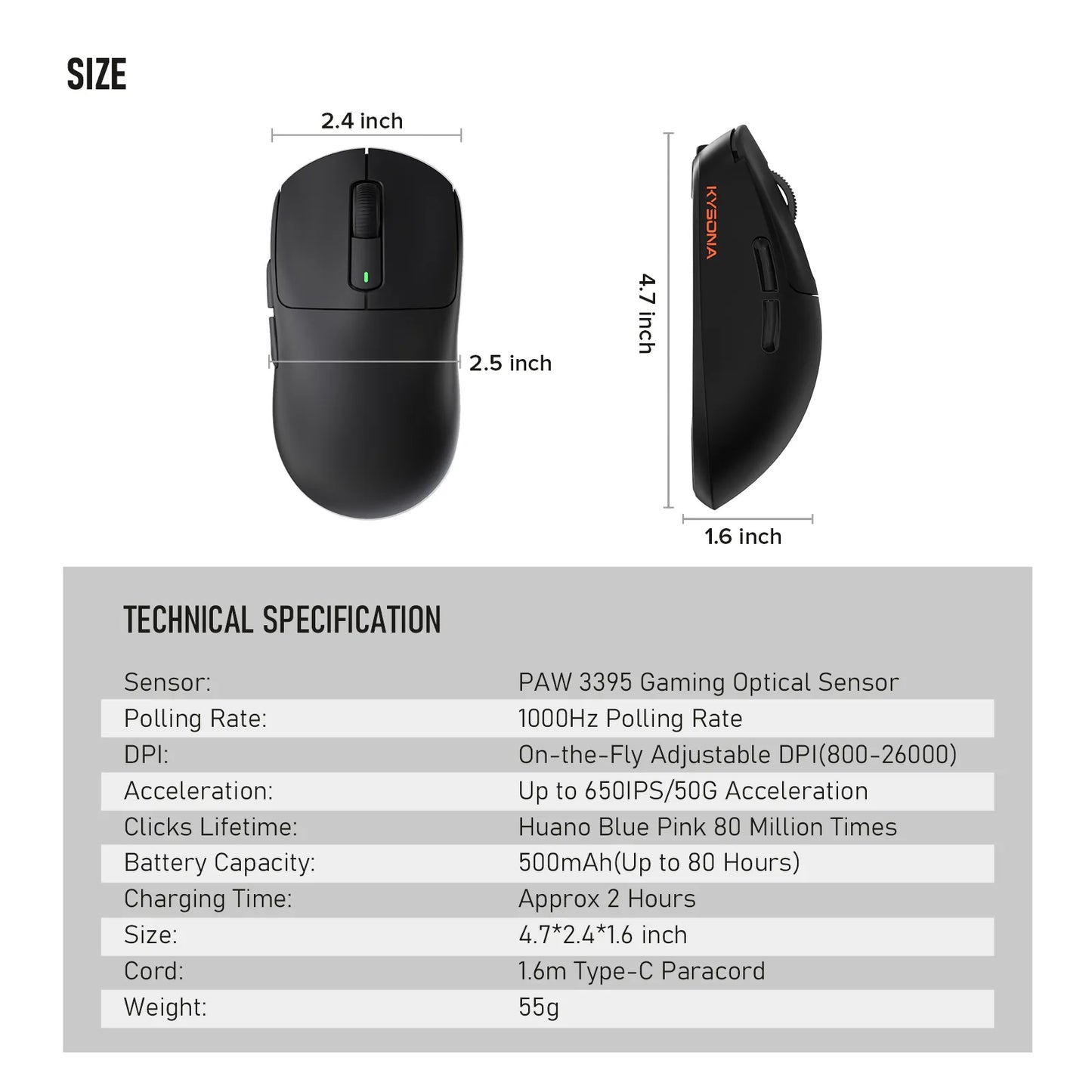 Kysona M600 Black PAW3395 Wireless Gaming Esports