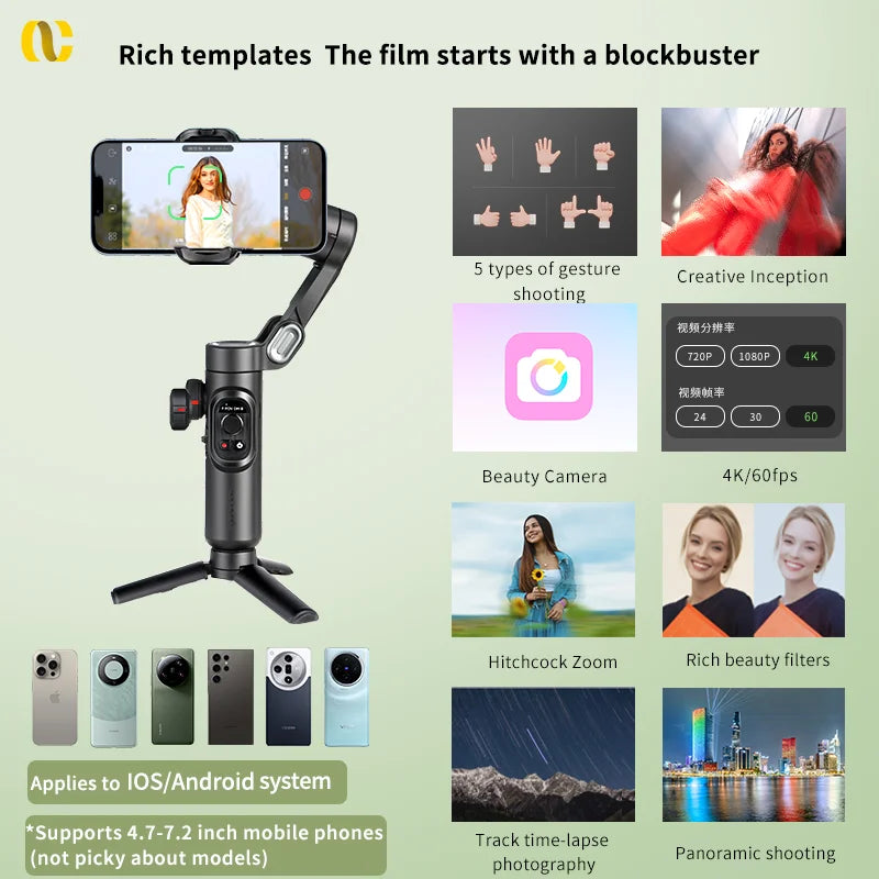 Handheld Gimbal Stabilizer for Smartphone with Fill Light for iPhone Android Face Tracking Tiktok Vlog Smart XE