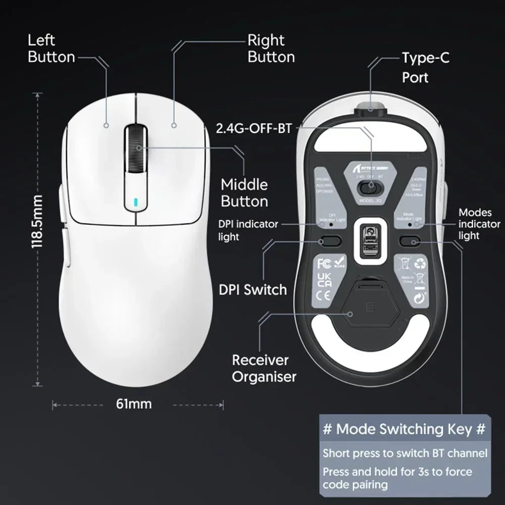 X3 PixArt PAW3395 Bluetooth Mouse 2.4G Tri-Mode Connection